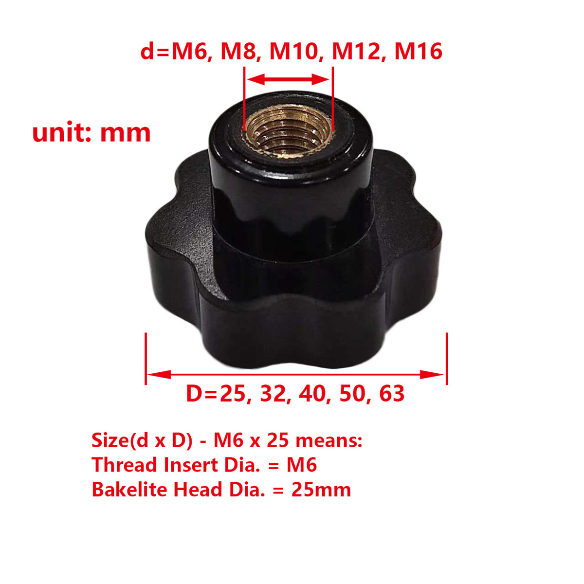 Through Hole Seven Star Bakelite Knob with M6 M8 M10 M12 M16 Female Thread